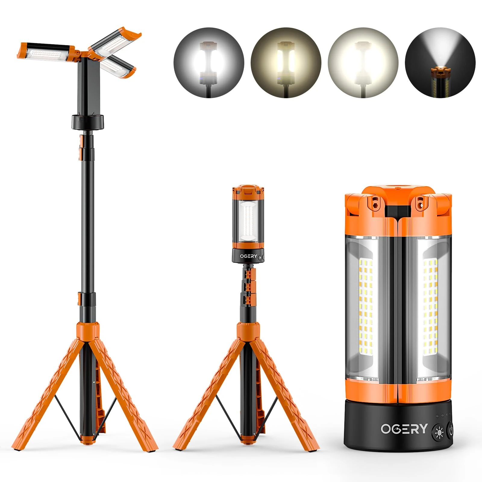 OGERY Rechargeable 10000mAh Camping Light with Stand 6.5 ft Max Height, Cordless Work Light with 3 LED Lamp Heads, 2200 Lumens Dimmable Magnetic Emergency Flashlight with Detachable Tripod, Orange