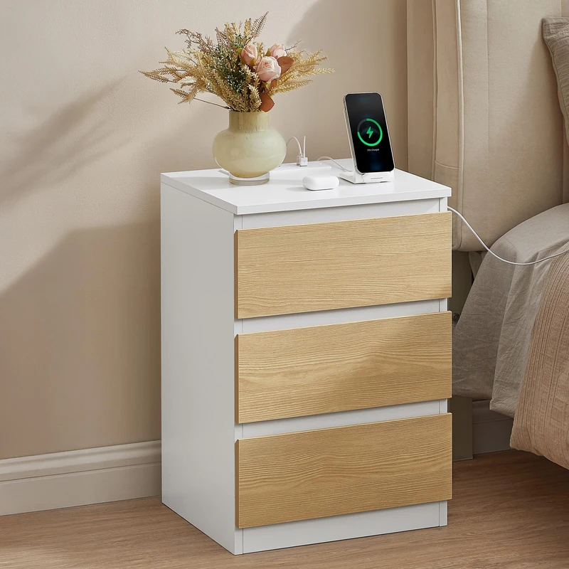 VASAGLE KAILYN Collection - Bedside Table with Power Strip, Side End Table with Drawers, 2 AC Outlets, 2 USB Ports, for Living Room, Bedroom, Study, Cloud White and Almond Yellow LET631Y02