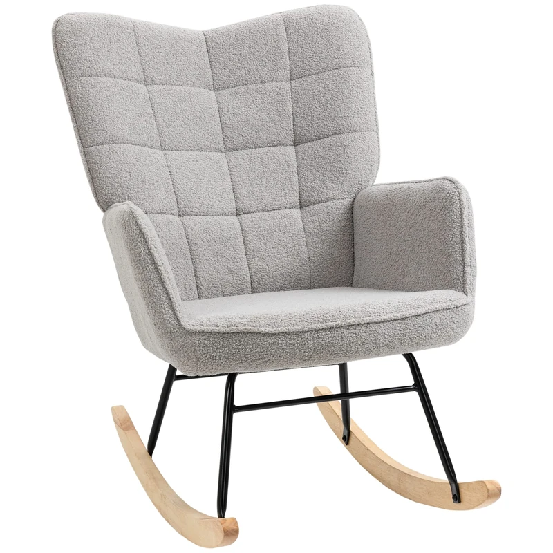 HOMCOM Wingback Rocking Chair for Nursing, Upholstered Berber Fleece Nursery Glider Rocker, Modern Armchair for Living Room, Light Grey