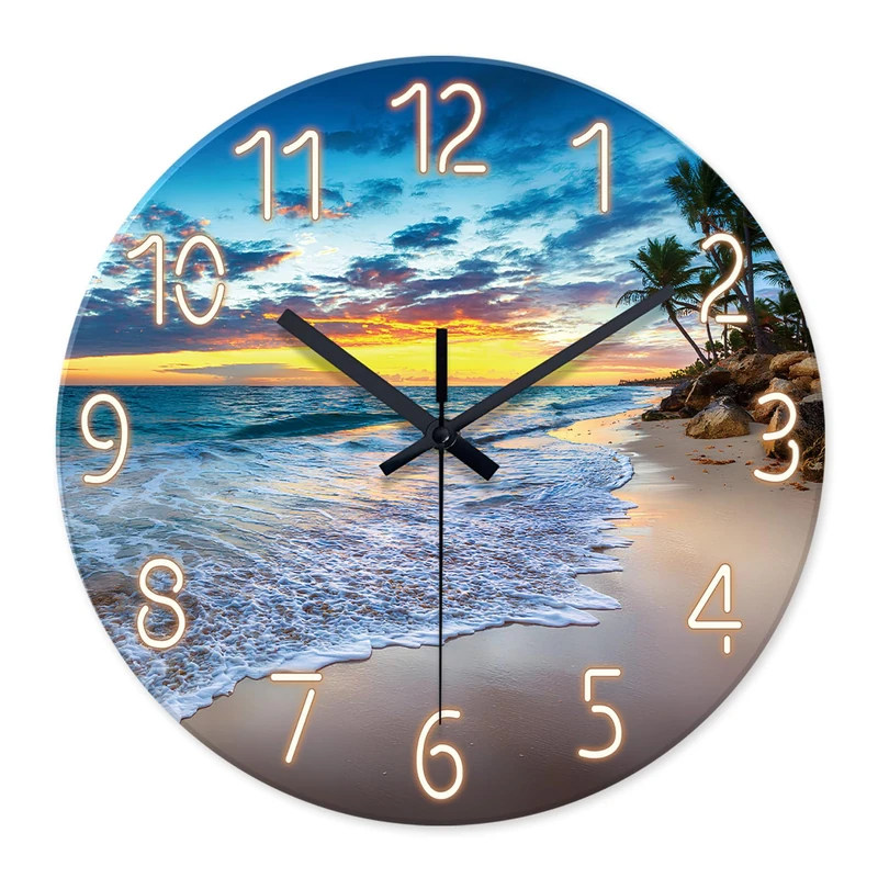 Constantplanet 24 Inch Glass Large Wall Clocks for Living Room Decor - Palm Tree Battery Wall Clock Modern - Coastal Blue Wall Clock Silent
