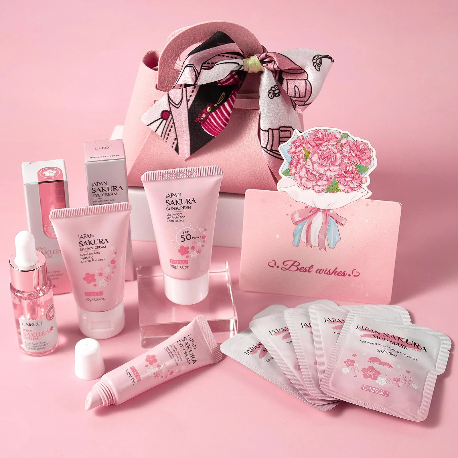 LAIKOU Sakura Skincare Set, 11 Pcs Face Hydrating Kit with Serum, Moisturiser, Eye Cream, Sunscreen SPF50, Mud Mask, Greeting Cards & Gift Bag, Christmas Birthday Pamper Gifts for Women Teenage Girl