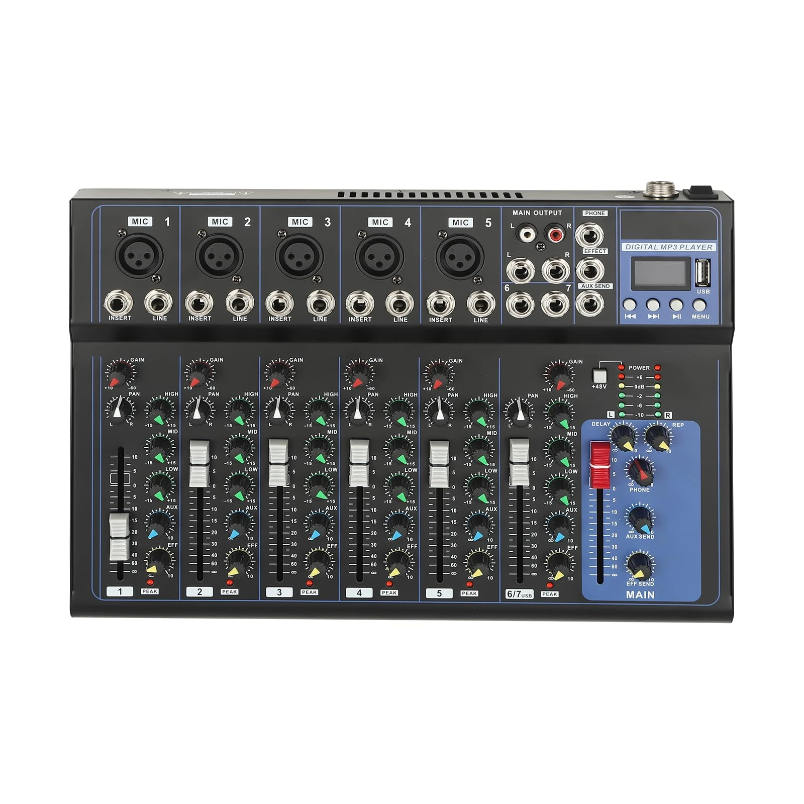 Digital Audio Mixer Channel Sounds Mixer for Streaming Mixing Board Console With DJ Mixer 7 Channel,Usb Audio Interface and 48V Phantom Power Mixer