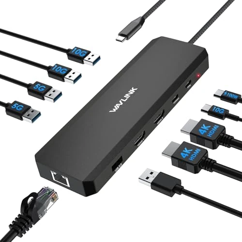 Laptop Docking Station, WAVLINK 10G USB C Hub with Dual HDMI, 100W PD in, 10Gbps USB-A/C 3.2, 5Gbps USB-A, USB2.0, Gigabit Ethernet for Dell/HP/Lenovo etc, Windows Systerm Computer Only - Black
