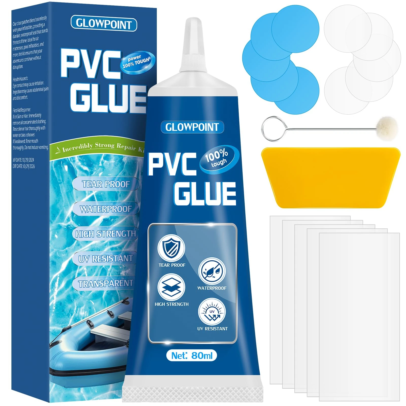 GLOWPOINT Air Mattress Patch Kit, Transparent Hot Tub Repair Kit, Vinyl Repair Kit for Air Beds, Snow Tube, Inflatable Mattresses and PVC Inflatable Products, Waterproof, UV Resistant (80ml)