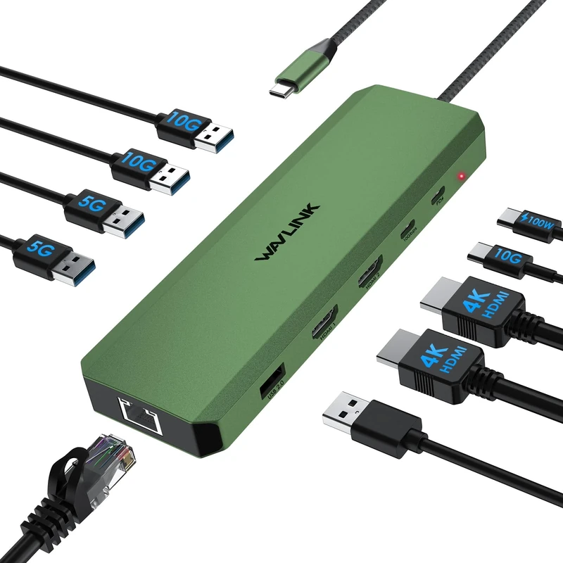 Laptop Docking Station, WAVLINK 10G USB C Hub with Dual HDMI, 100W PD in, 10Gbps USB-A/C 3.2, 5Gbps USB-A, USB2.0, Gigabit Ethernet for Dell/HP/Lenovo etc, Windows Systerm Computer Only - Dark Green