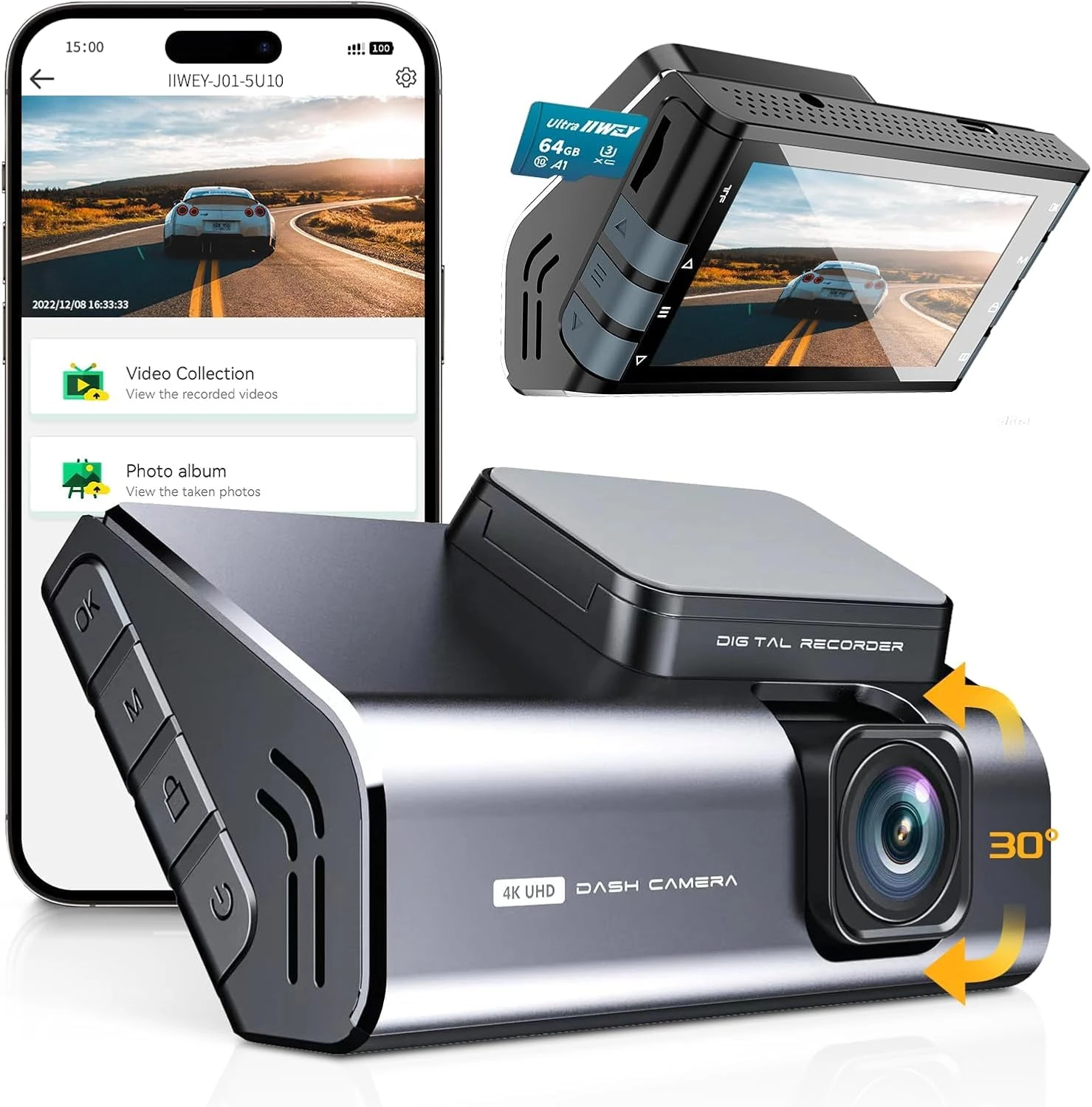 IIWEY 4K Dash Cam Front, Voice Control, Aluminum Alloy Body Car Cam, 3 Inch HD LCD Screen, Built-in WiFi, Free 64GB SD Card, Parking Monitoring, WDR, Super Night Vision, 160 ° Wide Angle