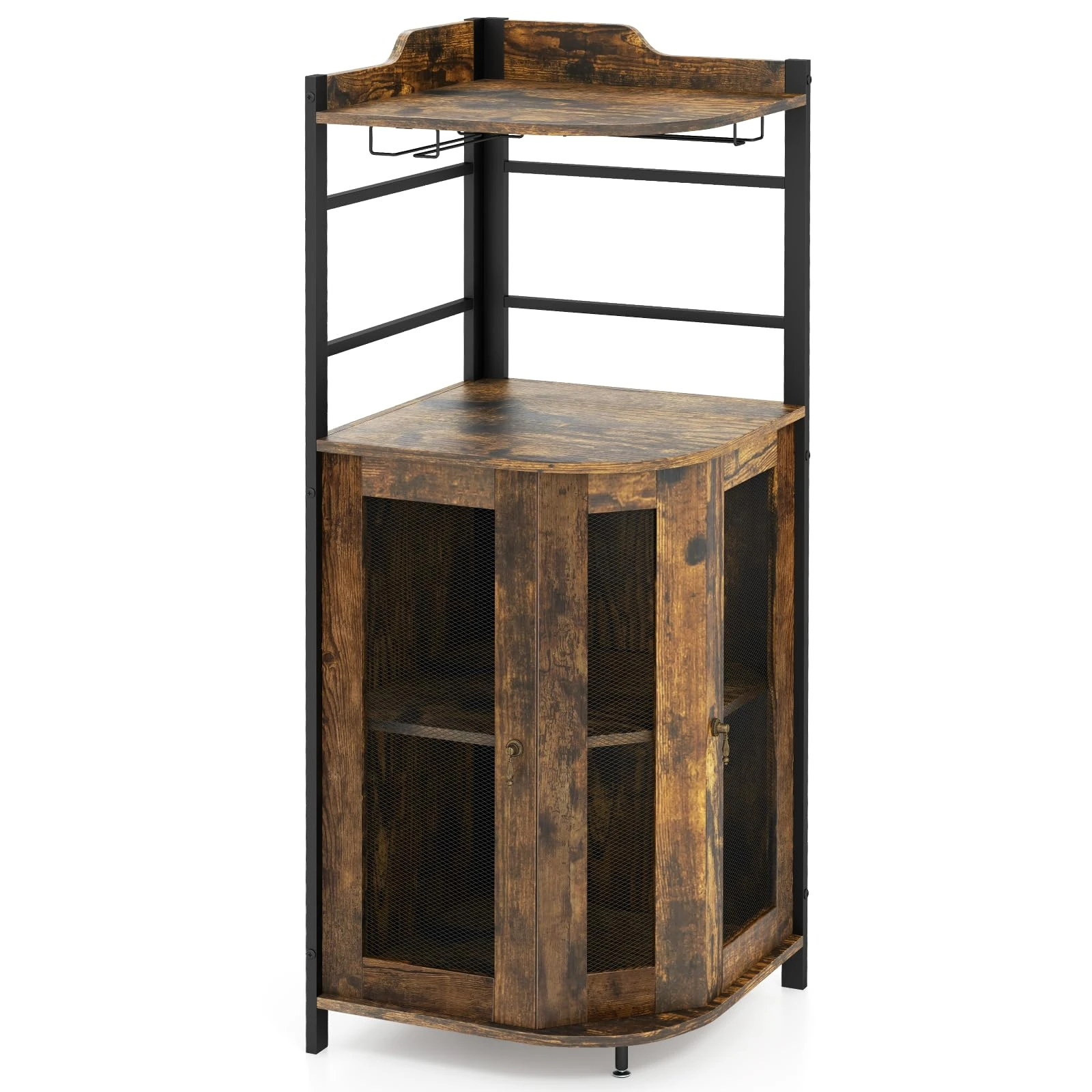TANGZON Corner Bar Cabinet, 2 Mesh Doors Wine Cabinet with Glass Holders, Adjustable Shelf & Anti-Tipping Devices, Industrial Liquor Drinks Storage Sideboard for Home Bar Kitchen Cellar (Rustic Brown)