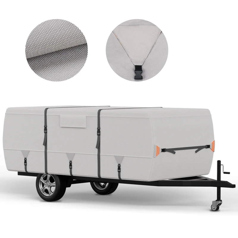 Tuszom 900D Oxford Ripstop Anti-Scratch Pop Up Camper Tent Trailer Cover 100% Waterproof Anti-UV Folding Camping Trailer RV Cover 14'-16' with 7 PCS Reinforced Windproof Straps for Motorhome