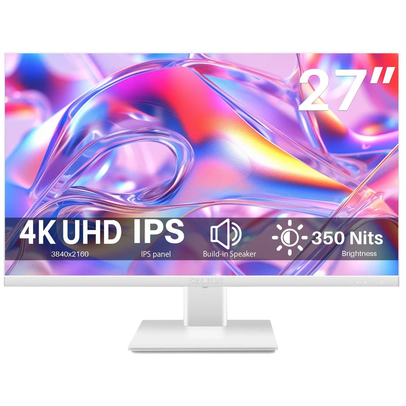 Thinlerain 27 Inch Monitor 4K UHD (3840x2160) IPS LED Screen Computer Display AMD FreeSync, 100% sRGB, Built-in Speakers, 2x HDMI, 2x DisplayPort, 60hz, 4ms, White