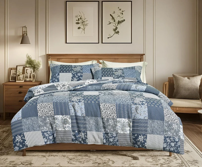 SLEEPBELLA Washed Double Layer Muslin 100% Cotton Comforter Set Queen Size, Boho Blue Patchwork Fluffy Thick Checked Bedding Set, Soft Breathable (1 Comforter, 2 Pillow Shams)