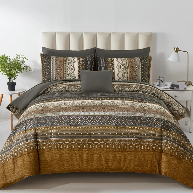 Cottolester Boho King Comforter Set 8 Pieces,Brown Black Bohemian Comforter Paisley Striped Bed in A Bag,Soft Microfiber Bedding Set for All Season