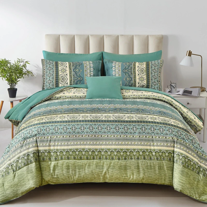 Cottolester Boho King Comforter Set 8 Pieces,Green Bohemian Comforter Paisley Striped Bed in A Bag,Soft Microfiber Bedding Set for All Season