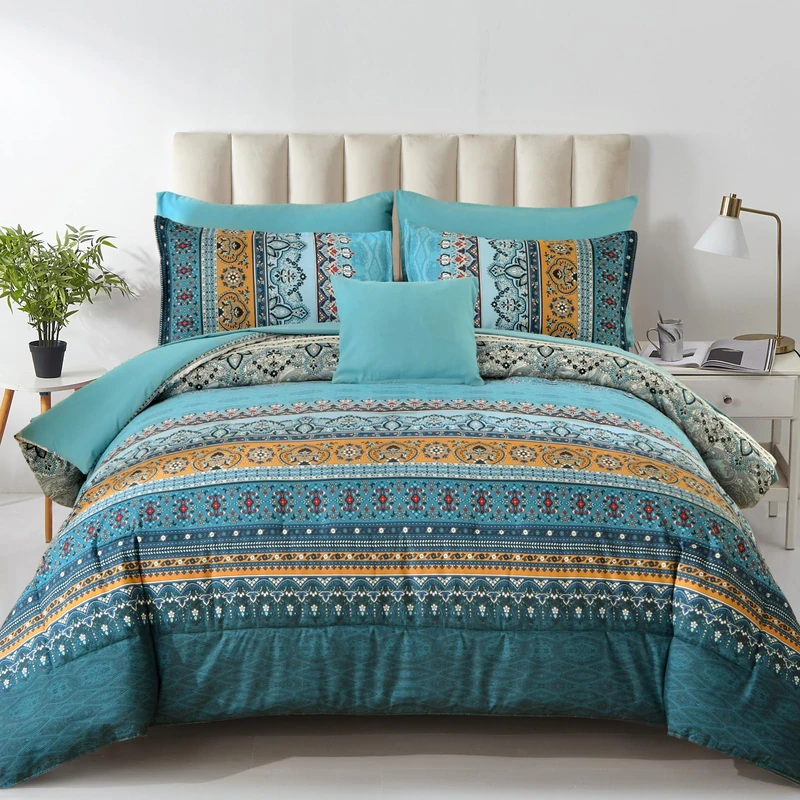 Cottolester Boho King Comforter Set 8 Pieces,Teal and Yellow Bohemian Comforter Paisley Striped Bed in A Bag,Soft Microfiber Bedding Set for All Season