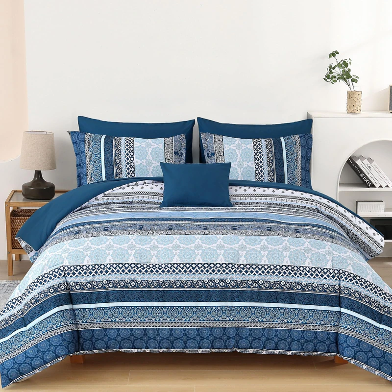 Boho Comforter Set King Size,8 Pieces Navy Blue Bohemian Striped Bed in a Bag,Paisley Soft Microfiber Bedding Comforter Set