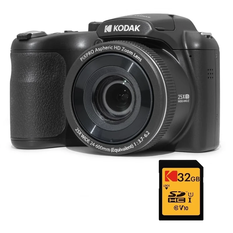 KODAK Pixpro Astro Zoom AZ255 + SD Memory Card 32 GB – 16 MP Digital Bridge Camera, 25X Zoom, 1080p HD Video, 24 mm Wide Angle, 3 LCD Screen, AA Battery – Black