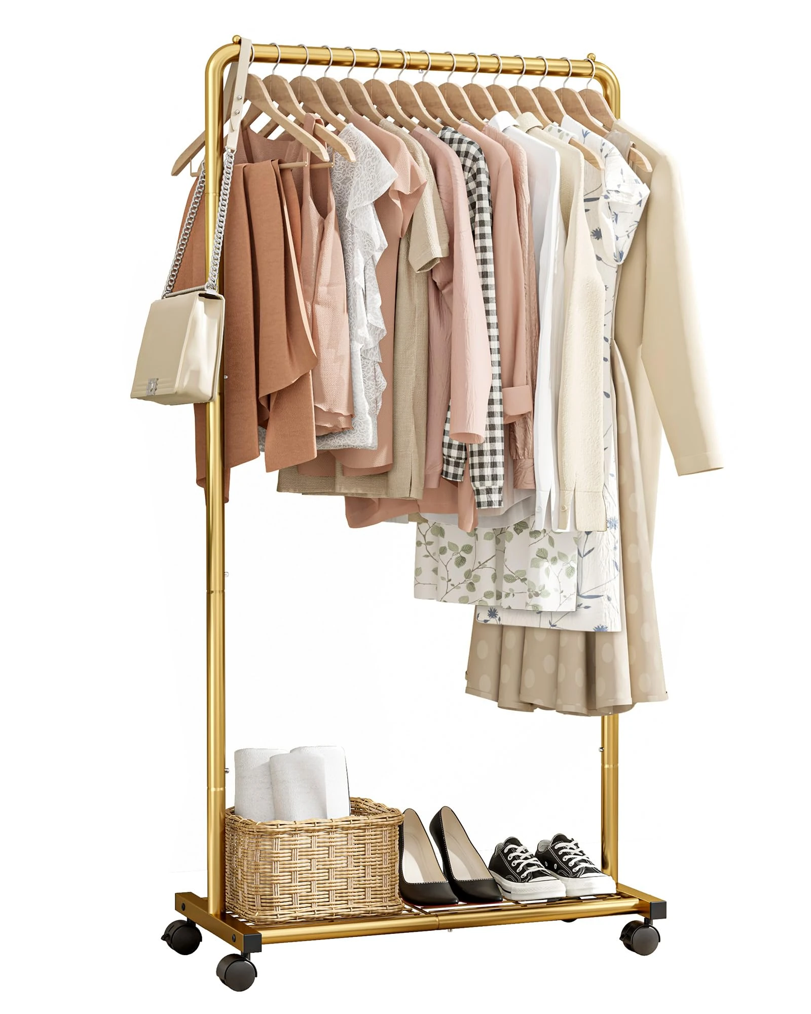Sakugi Clothes Rail - Movable Clothes Rack with Bottom Shoes Shelf, Heavy-Duty Clothing Rail for Hanging Clothes, Coats, Dresses, Clothes Rail for Bedroom, Closet, Laundry (Gold, 72x36x149cm)
