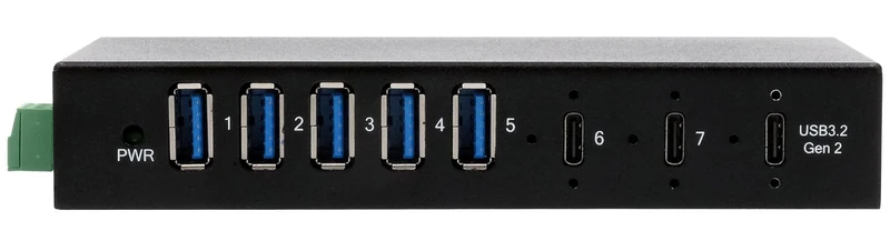 EX-12297HMS 7 Port USB 3.2 Gen 2x1 Metal Hub with 2 x USB-C Ports and 5 x USB-A 3.2 Gen 1 Ports, for Table Mounting, Wall or DIN Rail, 12V/5A Power Supply Included