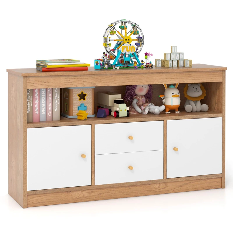 GYMAX Kids Storage Cabinet, Wooden Children Bookcase with Open Shelf, 2 Drawers & 2 Door Cabinets, Toy Storage Organizer for Playroom Bedroom Nursery (Natural+White)