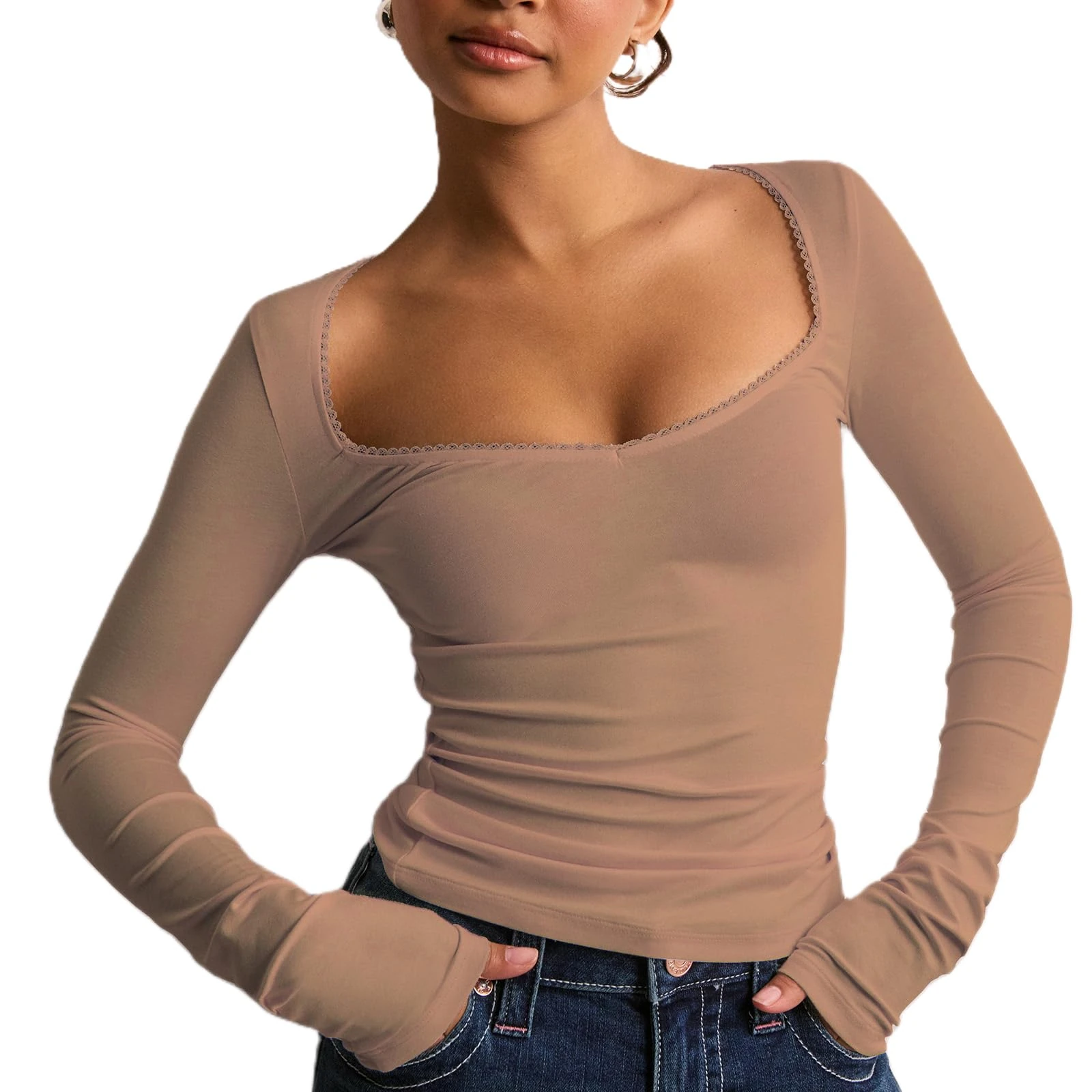 Women's Basic Long Sleeve Tops Solid Color Low Cut Slim Fit Versatile Tops Tight Going Out T Shirt Aesthetic Clothes (A-Khaki, M)