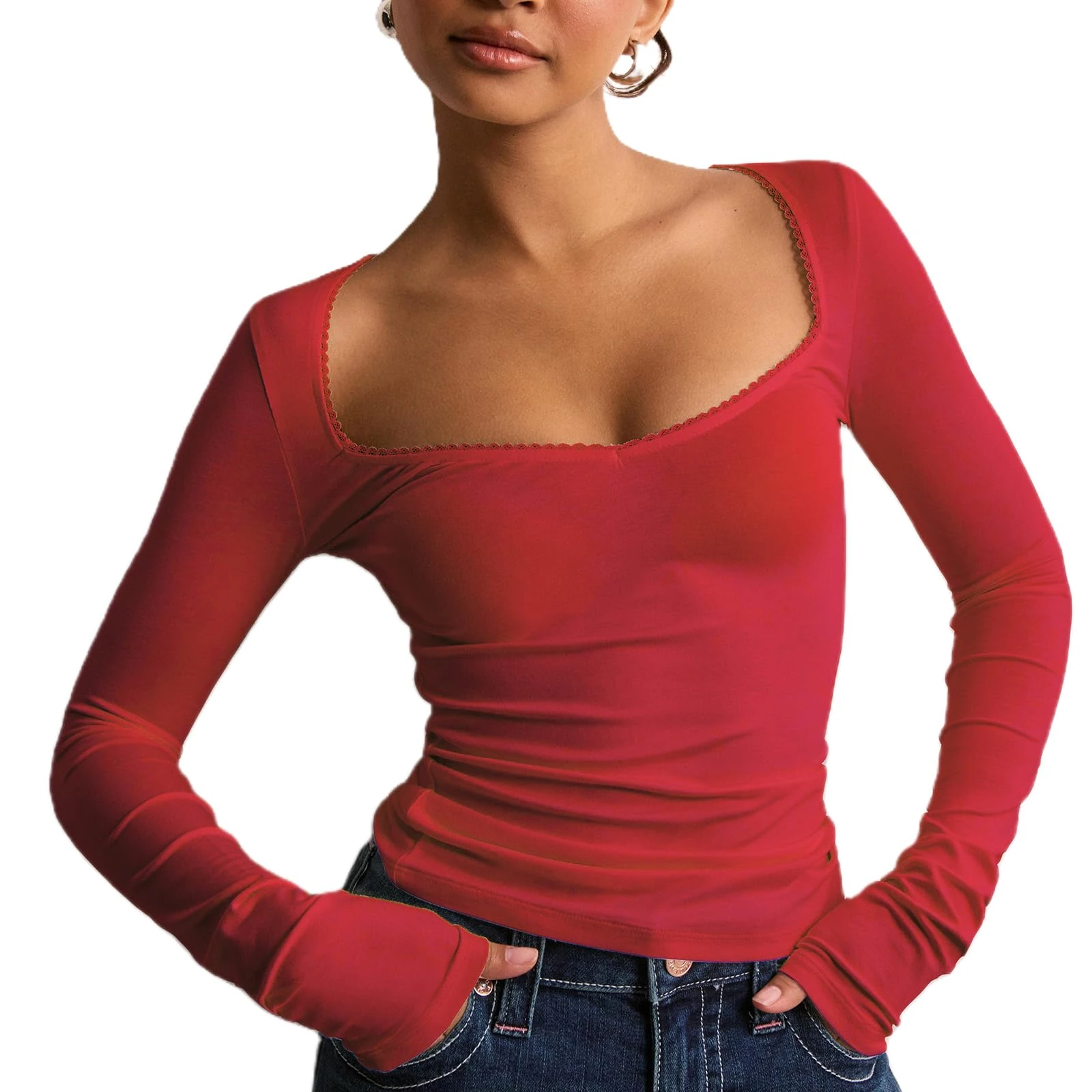 Women's Basic Long Sleeve Tops Solid Color Low Cut Slim Fit Versatile Tops Tight Going Out T Shirt Aesthetic Clothes (A-Red, M)