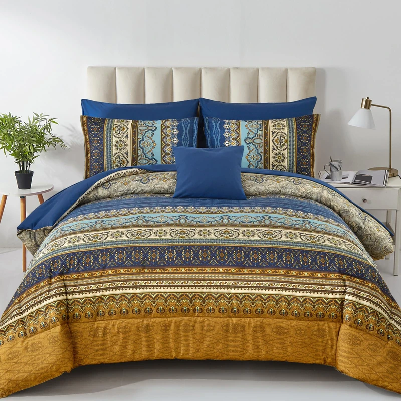 Cottolester Boho King Comforter Set 8 Pieces,Brown Blue Bohemian Comforter Paisley Striped Bed in A Bag,Soft Microfiber Bedding Set for All Season