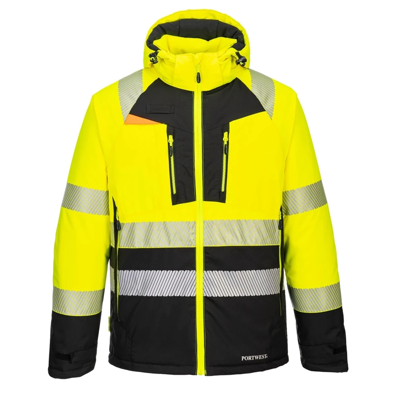 Portwest DX430 Men's Winter Jacket Insulated Waterproof Hi Vis Hooded Work Coat Reflective Fully Lined Padded Zip Safety Utility Reflective Workwear Yellow/Black, XX-Large