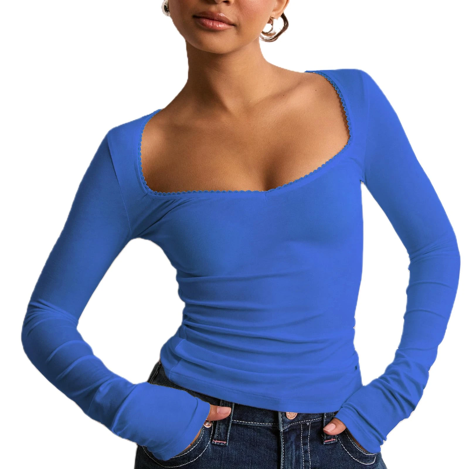 Women's Basic Long Sleeve Tops Solid Color Low Cut Slim Fit Versatile Tops Tight Going Out T Shirt Aesthetic Clothes (A-Blue, M)
