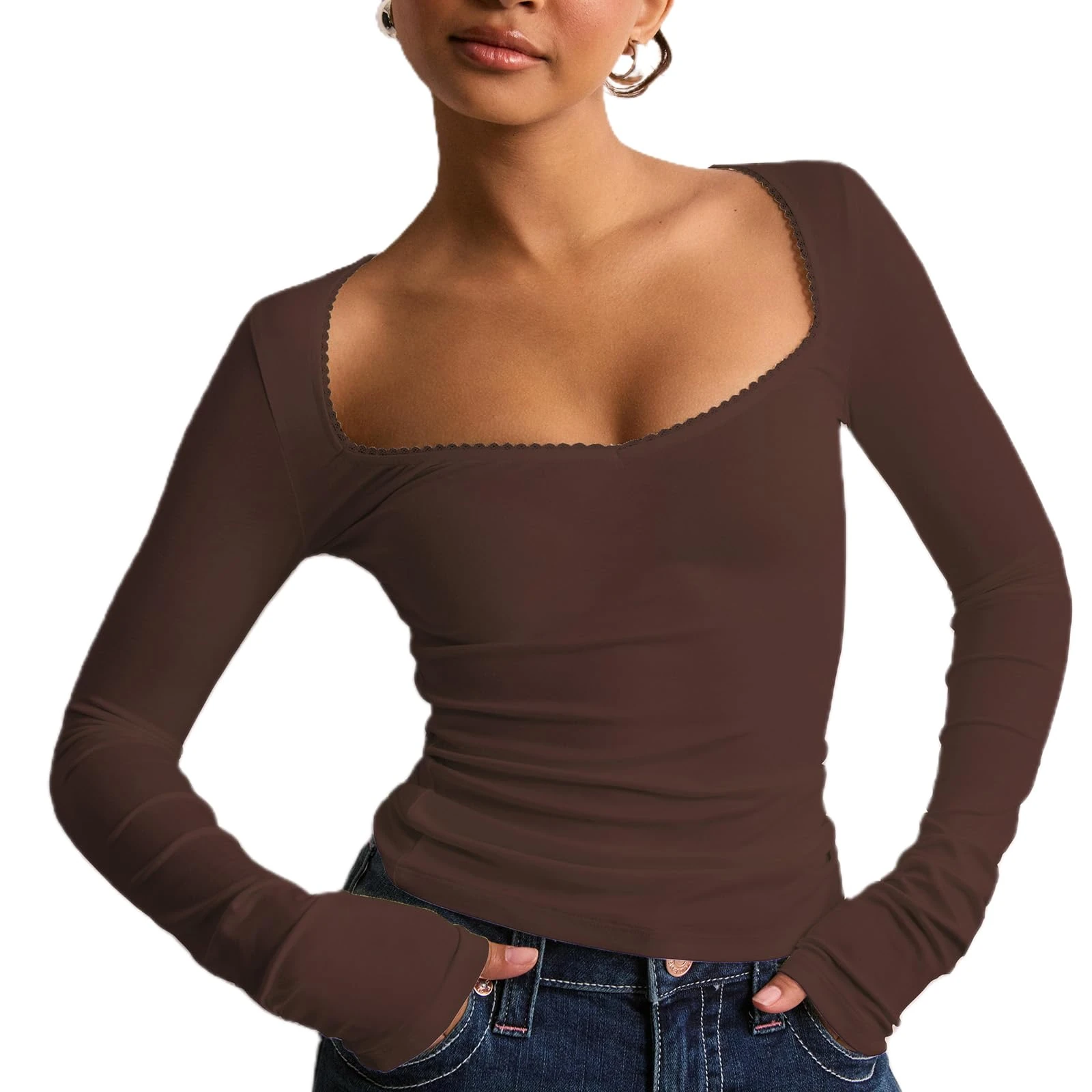Women's Basic Long Sleeve Tops Solid Color Low Cut Slim Fit Versatile Tops Tight Going Out T Shirt Aesthetic Clothes (A-Coffee, M)
