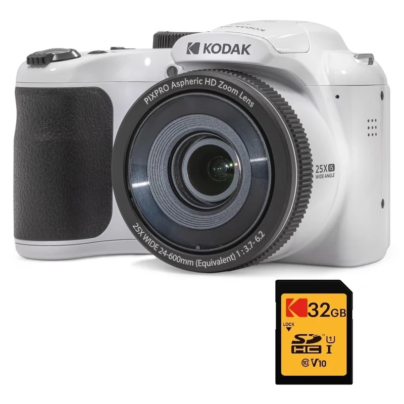 KODAK Pixpro Astro Zoom AZ255 + SD Memory Card 32GB - Digital Bridge Camera 16MP 25x Zoom Video HD 1080p Wide Angle 24mm LCD Display 3 AA Battery - White