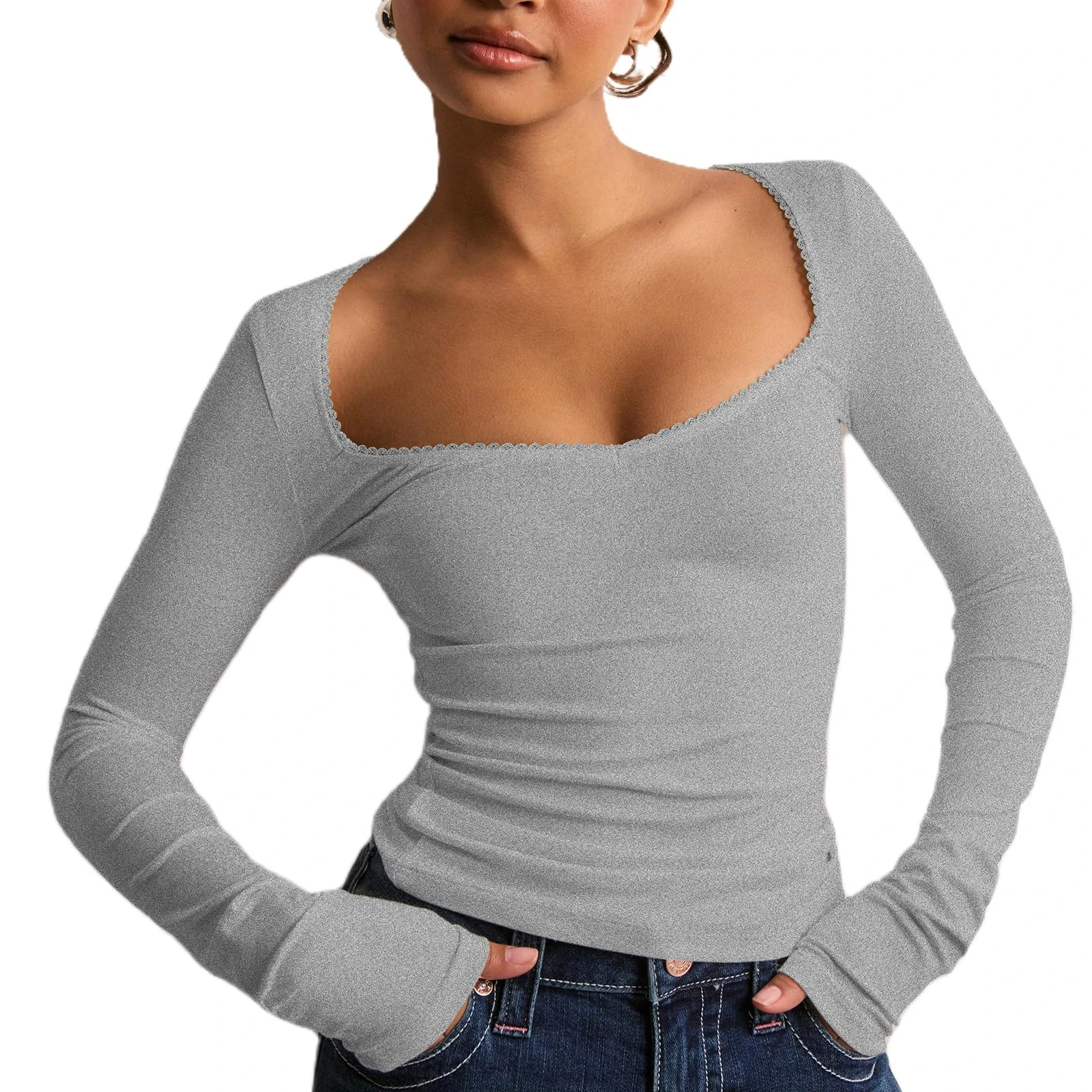 Women's Basic Long Sleeve Tops Solid Color Low Cut Slim Fit Versatile Tops Tight Going Out T Shirt Aesthetic Clothes (A-Gray, M)