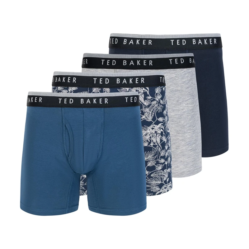 Ted Baker Men's 4 Pack Cotton Stretch Boxer Briefs, Denim/Leaf Print/Grey Heather/Sky, L