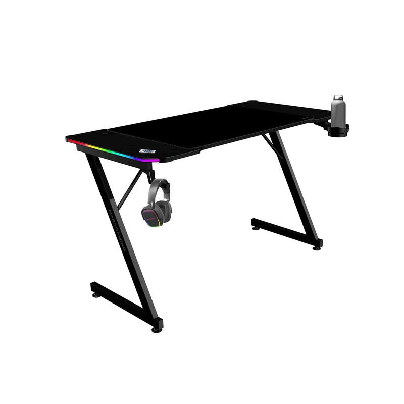 Mars Gaming MGD-X120RGB, Ergonomic Gaming Desk, ARGB Lighting with Remote, Carbon Fiber Surface, XXL Mousepad, Headset & Cup Holder, Cable Management, Gaming Desk 120x60cm, Black - Image 1