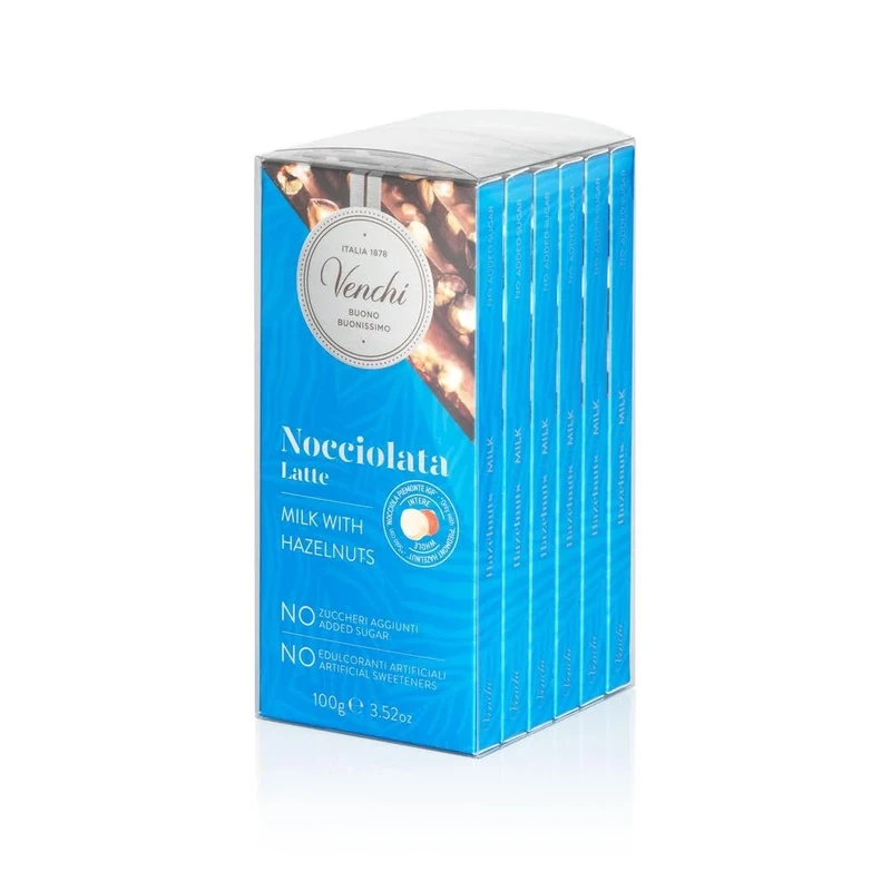 Venchi - Kit of 6 Milk Chocolate Bars with Whole "Piedmont Hazelnut", 600g, Gluten-Free, No Colourants or Preservatives
