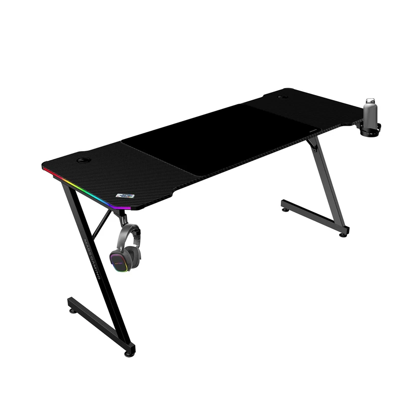Mars Gaming MGD-X160RGB, Ergonomic Gaming Desk, ARGB Lighting with Remote, Carbon Fiber Surface, XXL Mousepad, Headset & Cup Holder, Cable Management, Gaming Desk 160x60cm, Black