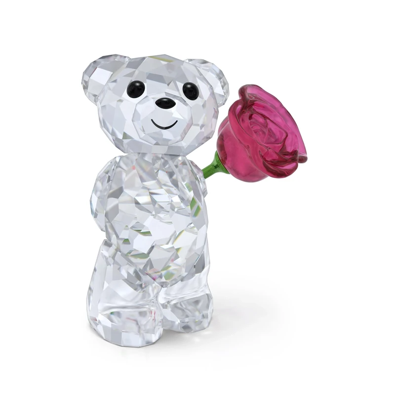 Swarovski Kris Bear A Rose with Love Figurine, Clear Faceted Crystal Animal with Pink Crystal Rose and Lacquered Green Metal Accents, Part of the Kris Bear Collection