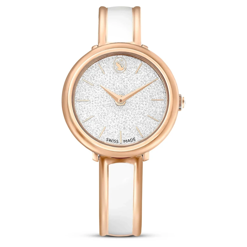 Swarovski Crystalline Bangle Watch, Swiss-Made & Water-Resistant Wristwatch in a Rose Gold-Tone Finish with White Enamel Metal Bracelet Strap, Part of The Crystalline Collection