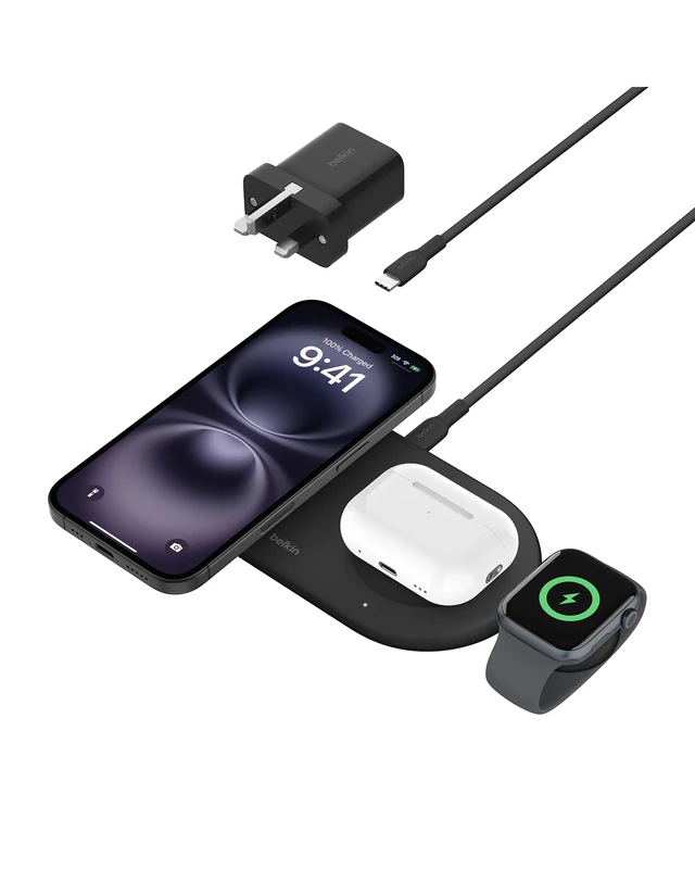 Belkin BoostCharge Pro 3-in-1 Wireless Charging Pad with Magnetic Qi2 15W, Fast Charging iPhone Wireless Charger Compatible with iPhone 16 Series, AirPods, Apple Watch & More - Black
