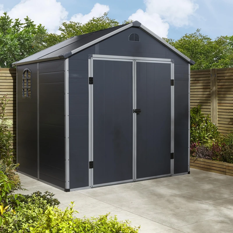 Rowlinson Airevale 8x6 Plastic Apex Shed Dark Grey with Assembly