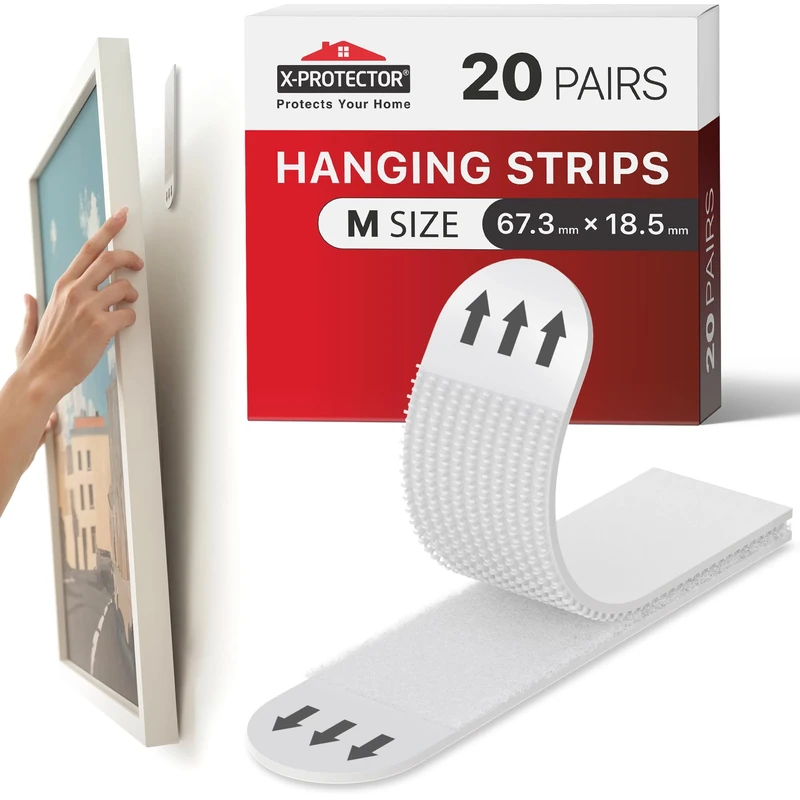 X-Protector Picture Hanging Strips - 20 Pairs Damage Free Picture Hangers - Self Adhesive Picture Hangers Without Nails - Heavy Duty wall Adhesive - Walls Sticky for Hanging Up to 7 KG (Size M)