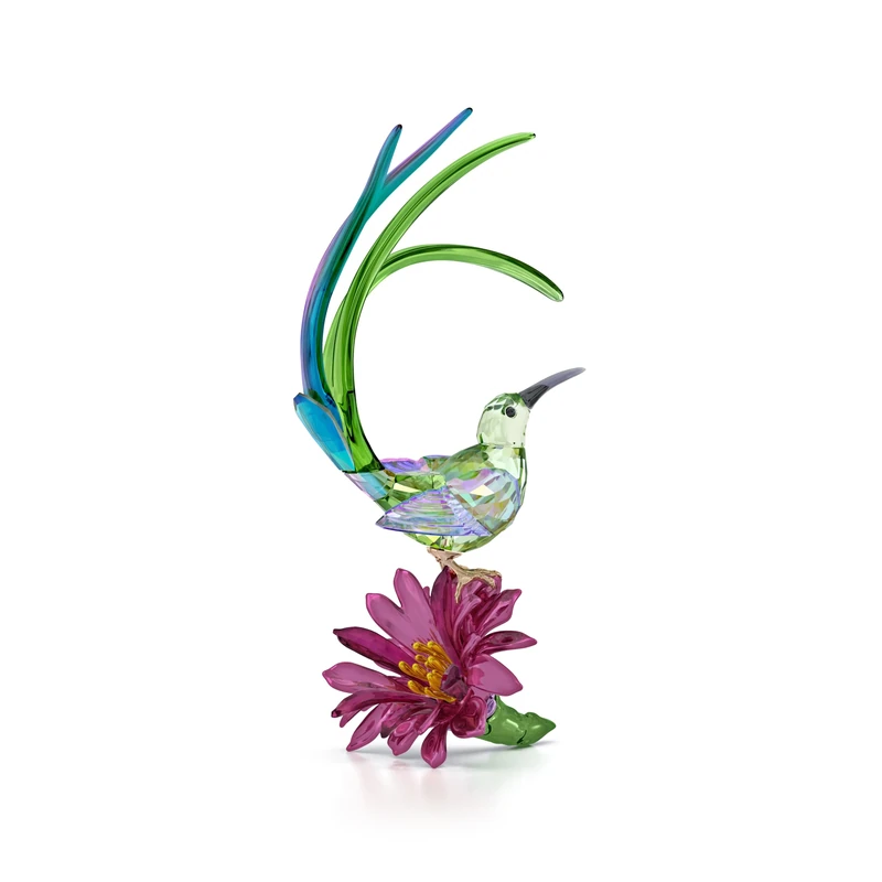 Swarovski Idyllia Sugarbird and Cactus Flower Figurine, Multicoloured Faceted Crystal with Lacquered Metal Accents and Shimmer Effect, Part of the Idyllia Collection