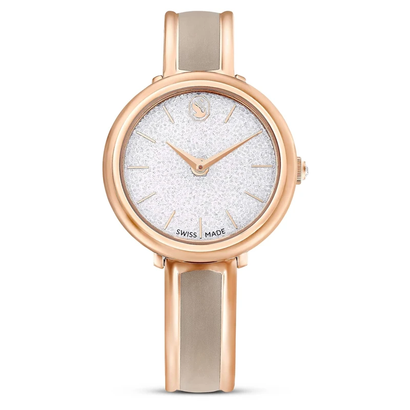 Swarovski Crystalline Bangle Watch, Swiss-Made & Water-Resistant Wristwatch in a Rose Gold-Tone Finish with Beige Enamel Metal Bracelet Strap, Part of The Crystalline Collection