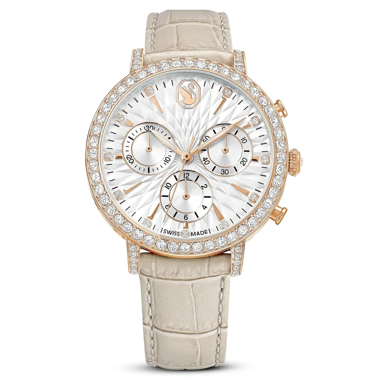 Swarovski Matrix Tennis Chronograph Watch, Swiss-Made & Water-Resistant Stainless Steel Wristwatch, Rose Gold-Tone Finish with Crystals and Beige Leather Strap, Part of The Matrix Collection