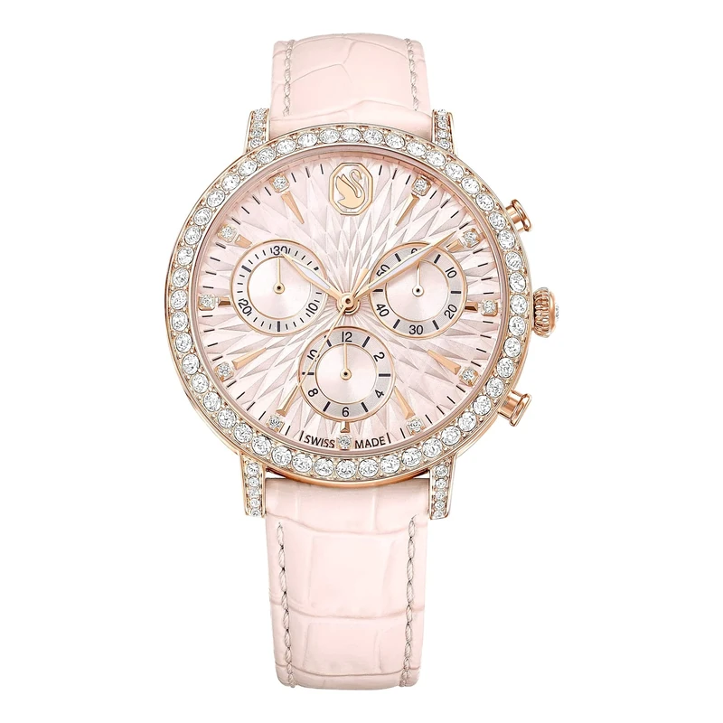 Swarovski Matrix Tennis Chronograph Watch, Swiss-Made & Water-Resistant Pink Stainless Steel Wristwatch, Rose Gold-Tone Finish with Crystals and Leather Strap, Part of The Matrix Collection