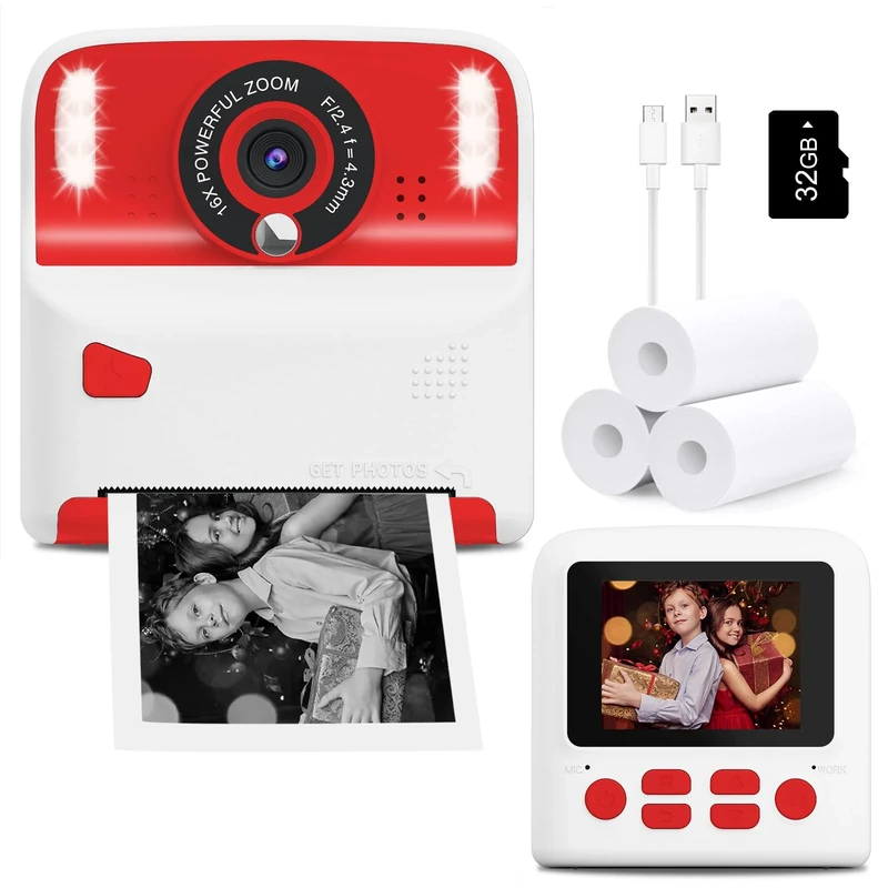 Amzelas Kids Instant Print Camera, Christmas Birthday for Age 3-12 Girls Boys Gifts, Inkless Thermal Printing Black&White Photo for Toddler Toys with 32GB Card (White&Red)