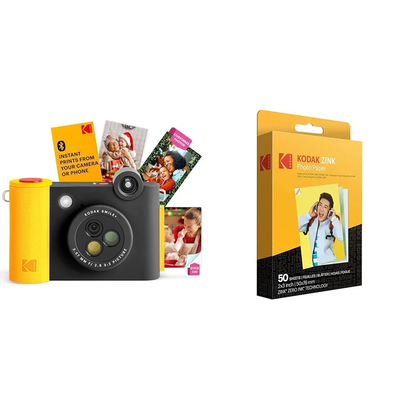 KODAK Smile+ 2-in-1 Digital Instant Print Camera & Wireless Bluetooth Photo Printer + KODAK 2"x3" Premium Photo Paper (50 Sheets)