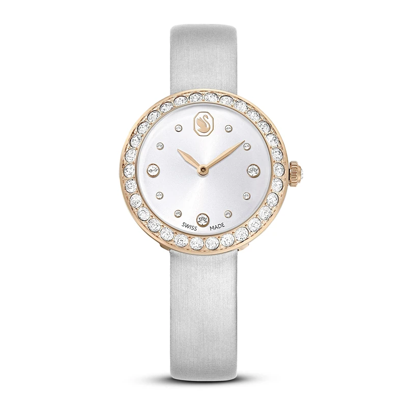 Swarovski Matrix Tennis Watch, Swiss-Made & Water-Resistant Stainless Steel Wristwatch in a Rose Gold-Tone Finish with Clear Crystals and Grey Leather Strap, Part of The Matrix Collection