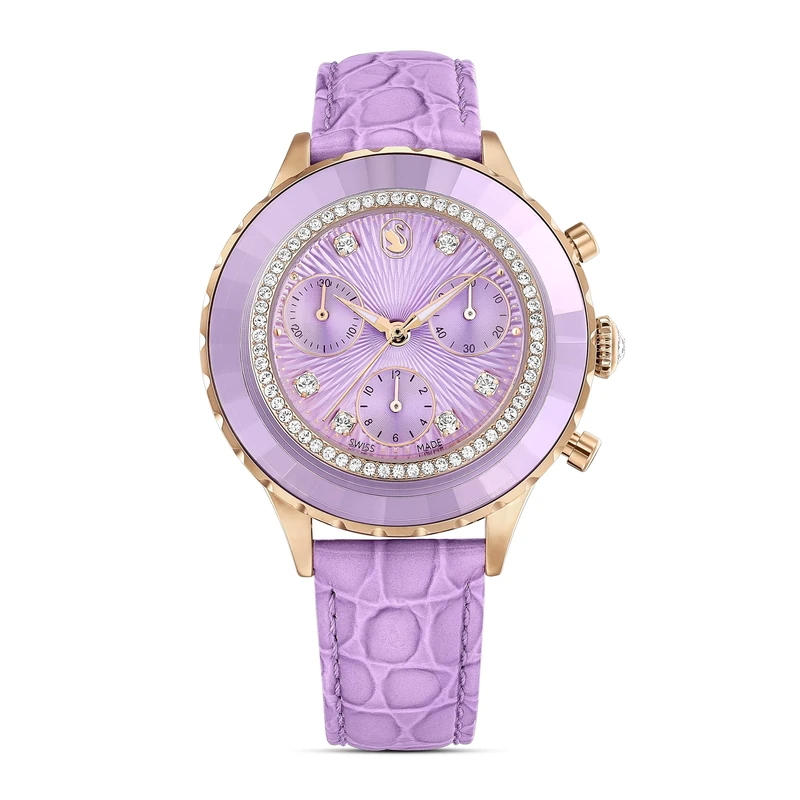 Swarovski Octea Chronograph Watch, Swiss-Made & Water-Resistant Purple Wristwatch in a Rose Gold-Tone Finish with Clear Crystals and Leather Strap, Part of The Octea Collection