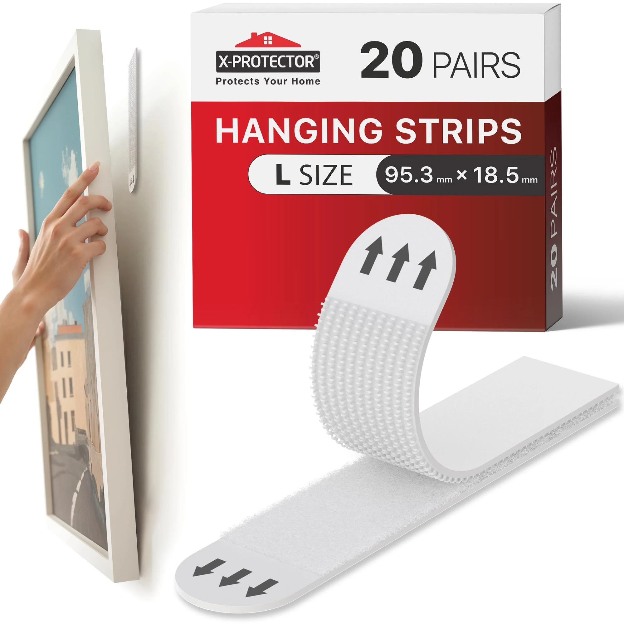 X-Protector Picture Hanging Strips - 20 Pairs Damage Free Picture Hangers - Self Adhesive Picture Hangers Without Nails - Heavy Duty Wall Adhesive - Walls Sticky for Hanging Up to 20 LBS (Size L)