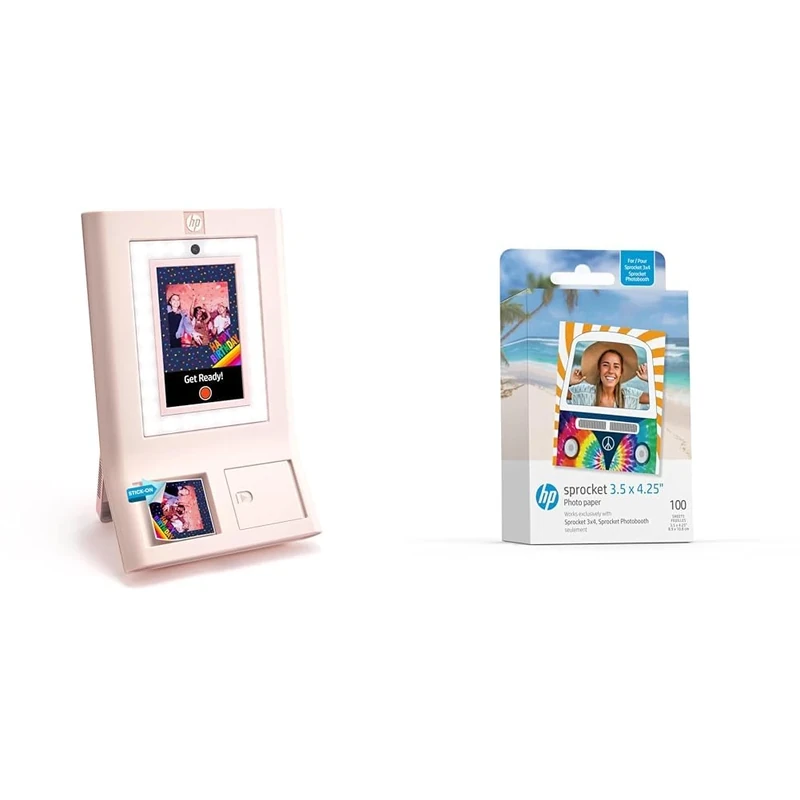 HP Sprocket Photobooth Instant 3x4” Color Photo Printer (Pink) Capture & Customize with 250+ Frames Sprocket 3.5 x 4.25” Zink Sticky-Backed Photo Paper (100 Pack)