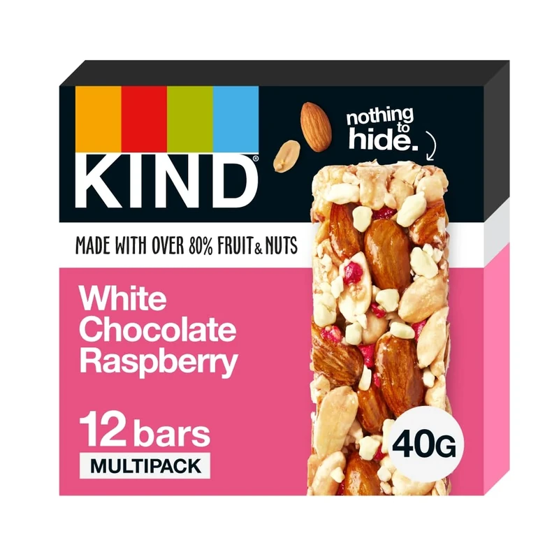 KIND Bars, White Chocolate Raspberry, Healthy Snack, Gluten Free Snack Bars, No Artificial Colours, Flavours or Preservatives, Multipack 12 x 40g